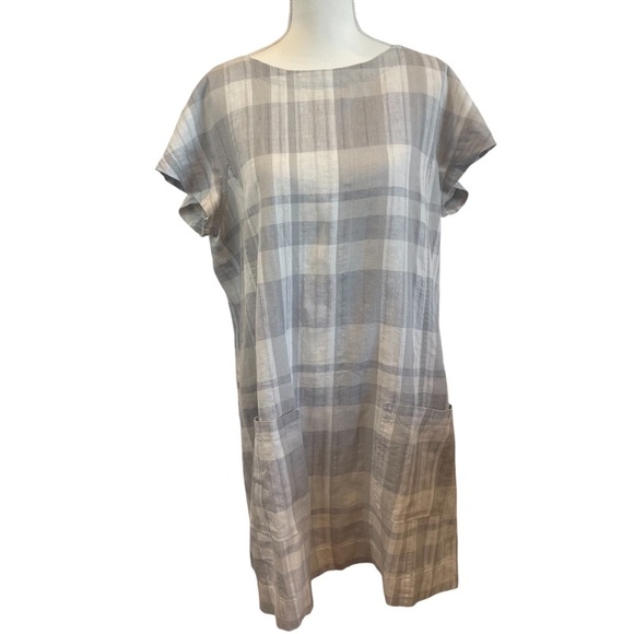 Eileen Fisher Shift Dress Size Large Gray Plaid Chambray Airy Organic Linen - Picture 2 of 13